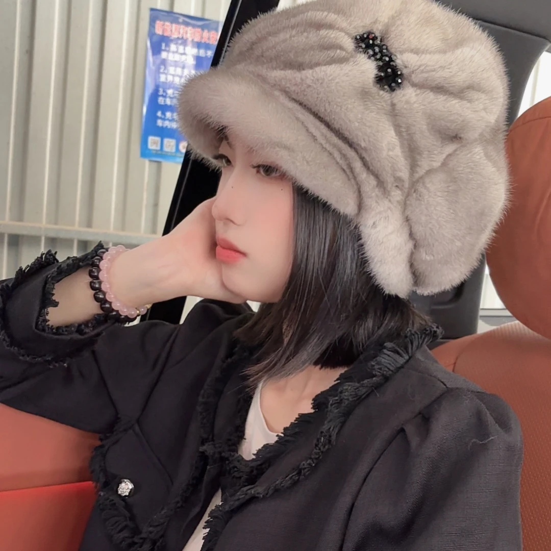 云朵贝雷帽爆款秋冬褶皱八角帽女整皮水貂毛超大版型显脸小淑女帽