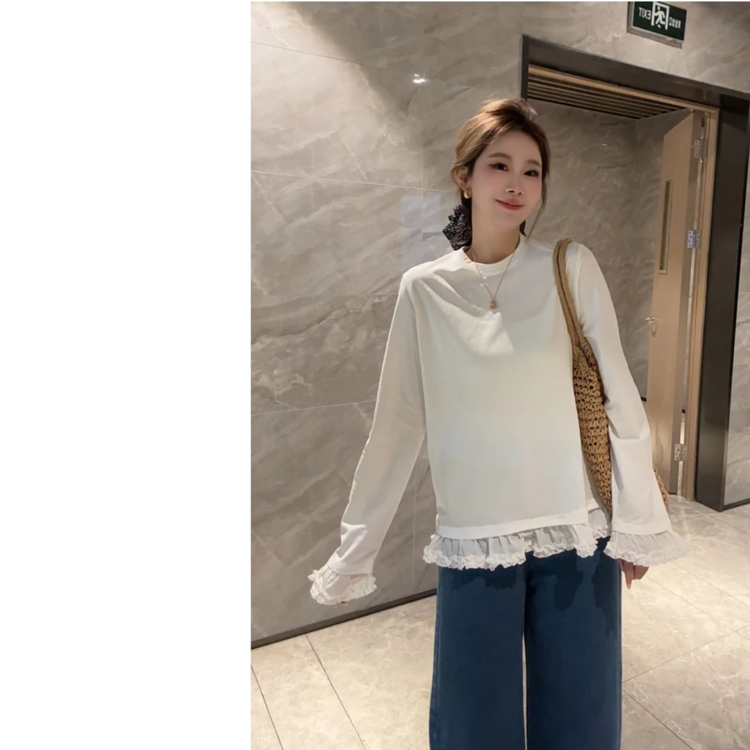 墨迹姐 高个子微胖“纯色花边”圆领长袖T恤女2155