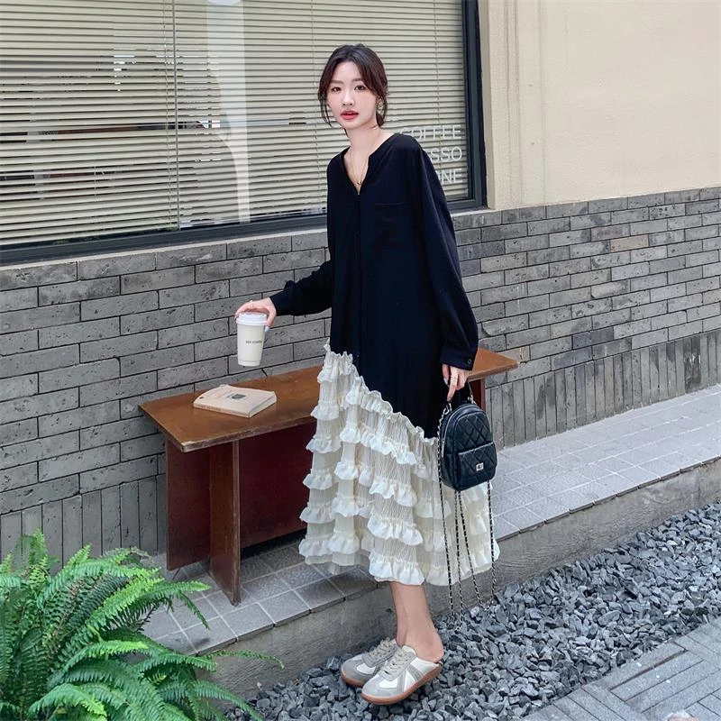 赫本风黑色荷叶边连衣裙女春秋高级感气质超好看独特设计鱼尾裙