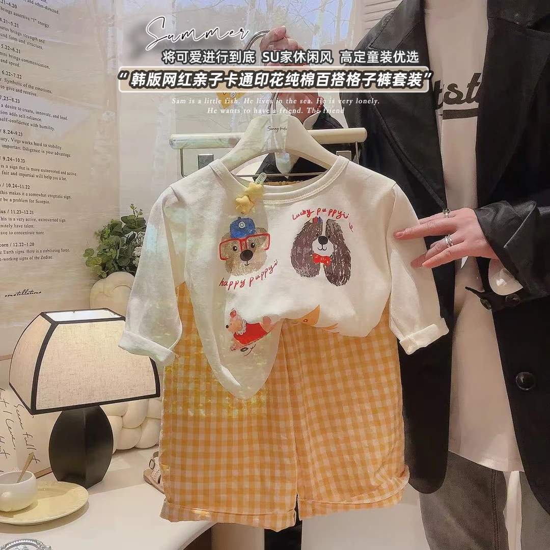 儿童夏季新款儿童休闲卡通绣花长袖格子裤套装女童洋气时尚长袖t