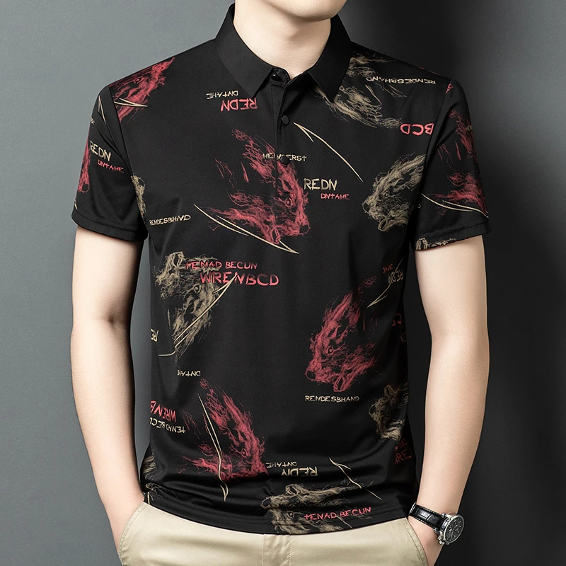 夏季t恤半袖Polo衫薄款男印花中青年短袖亮丝衫轻奢痞帅男装短袖