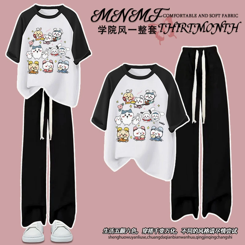 夏季套装男女童纯棉插肩短袖格子裤吉伊卡哇印花中大童洋气两件装