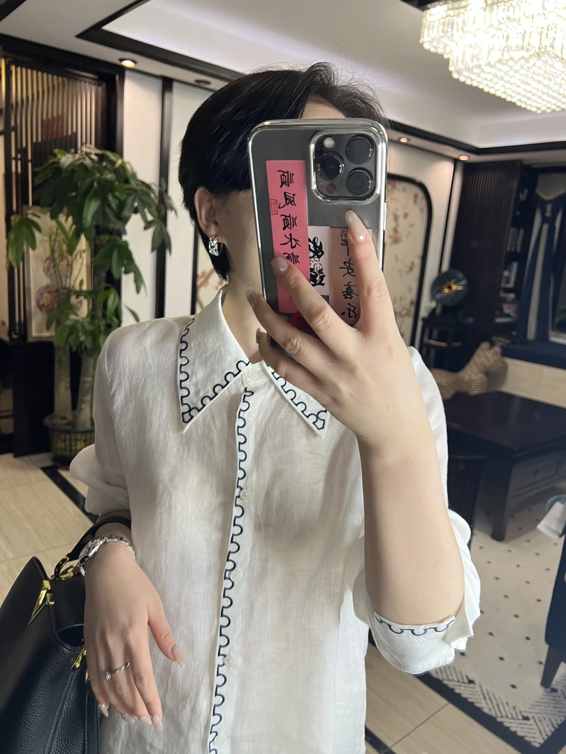 【安姬迩·自制】YM-0062 天然苎麻轻麻系列苎麻刺绣衬衫