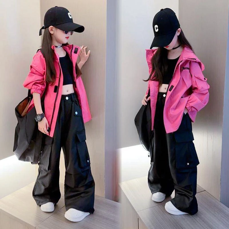 女童秋装套装2025新款洋气时髦女孩儿童装户外工装裤冲锋衣两件套