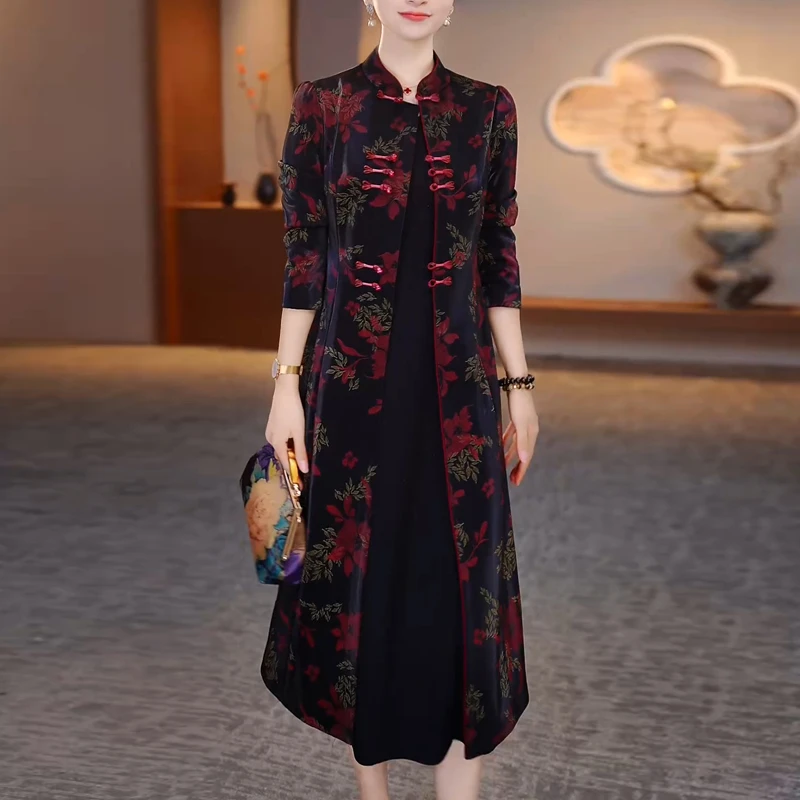 高档复古印花开衫套装裙女2025新款秋修身国风妈妈装连衣裙两件套