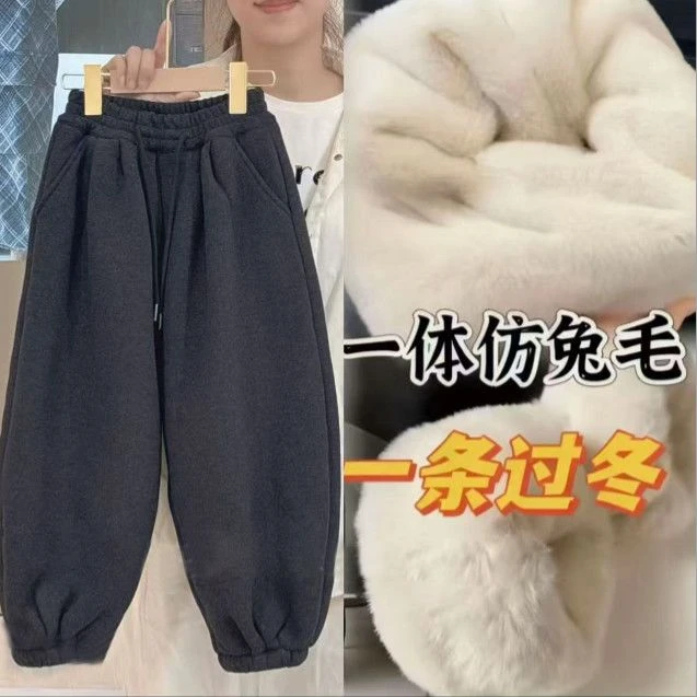 仿兔毛童裤男女童冬季加绒加厚裤子弯刀保暖宽松中大童休闲裤潮5