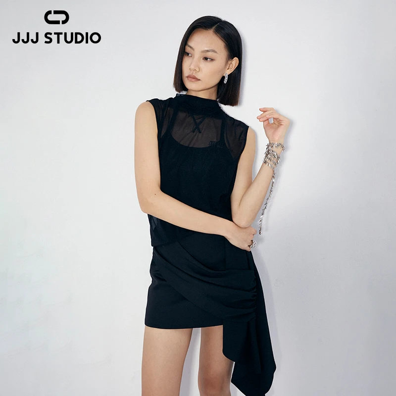 JJJ STUDIO 黑色薄纱透气百搭风性感无袖背心品质女装 JKWFR1N111