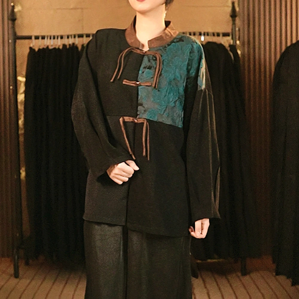 【白雪.荐选】醋酸绿花拼接上衣宽松百搭上衣K350