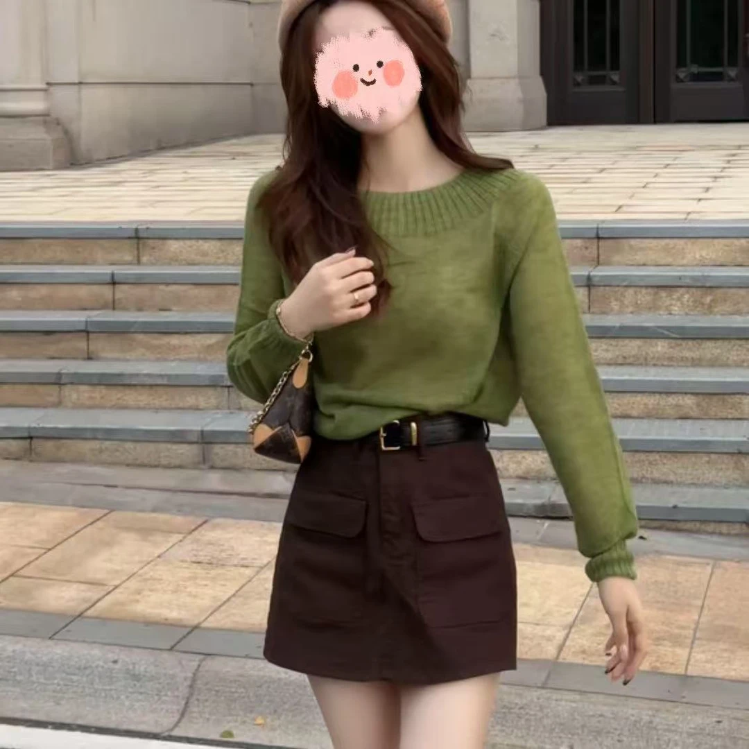 纯色百搭高级小众套头长袖针织衫秋季双口袋复古百搭显瘦工装裙裤