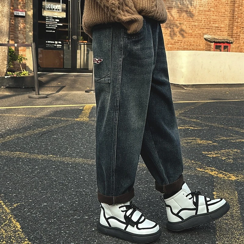 大男童装冬装加绒加厚一体绒直筒裤子冬季牛仔裤秋冬款23DK6177A