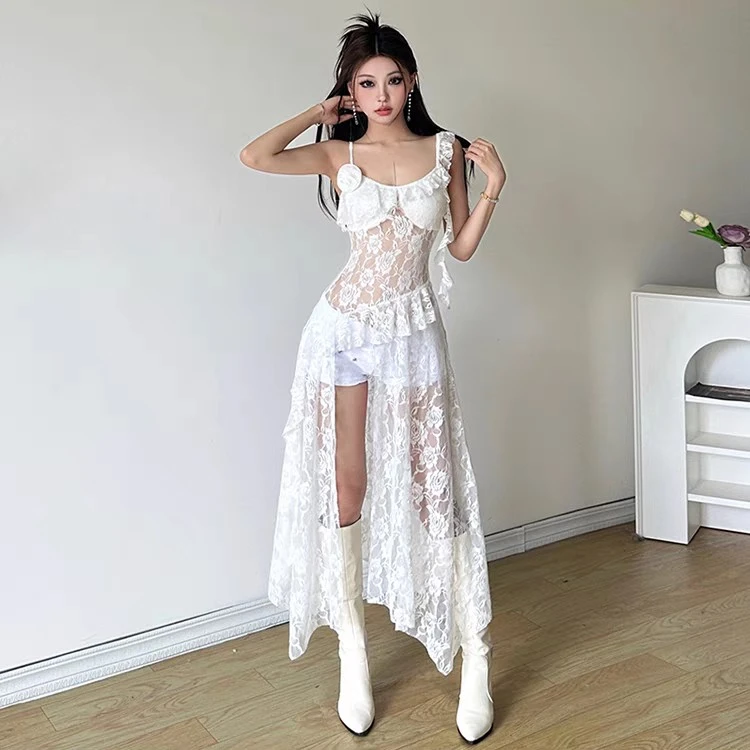 Malou 甜辣小清新不规则蕾丝提花显瘦性感连衣裙女 百搭K24D46591