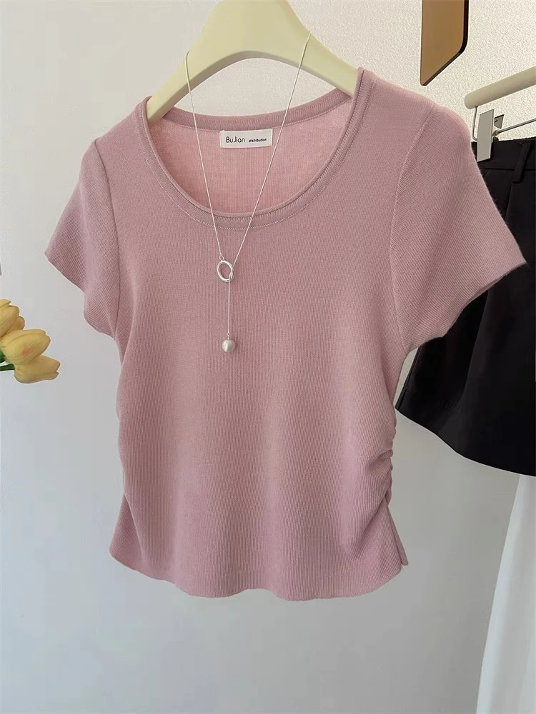 2025新款独特U领粉色T恤女夏季漂亮掐腰冰丝针织短袖小众上衣