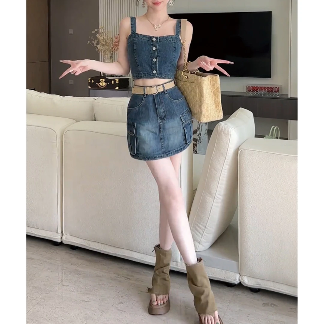辣妹复古牛仔套装女2025夏新款性感吊带背心上衣高腰半身裙两件套