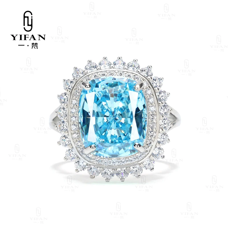 925银合成锆石戒指 时尚蓝色闪闪太阳花冰花切戒指女