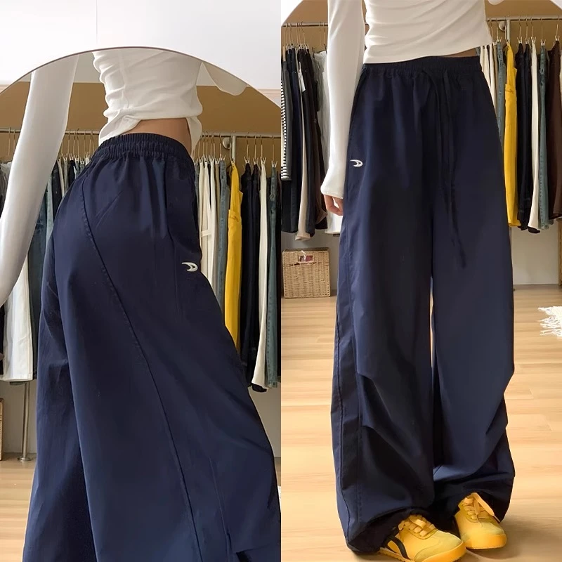 藏青色运动工装裤女夏季2025新款高腰宽松刺绣阔腿裤小个子速干裤