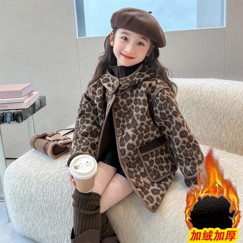 女童冬季外套2025新款儿童洋气加绒豹纹毛毛衣女宝宝秋冬装中长款