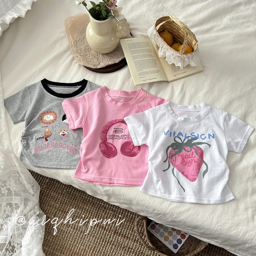 100%棉夏季百搭短袖女女童夏季亮片T恤印花童装圆领休闲小童女孩