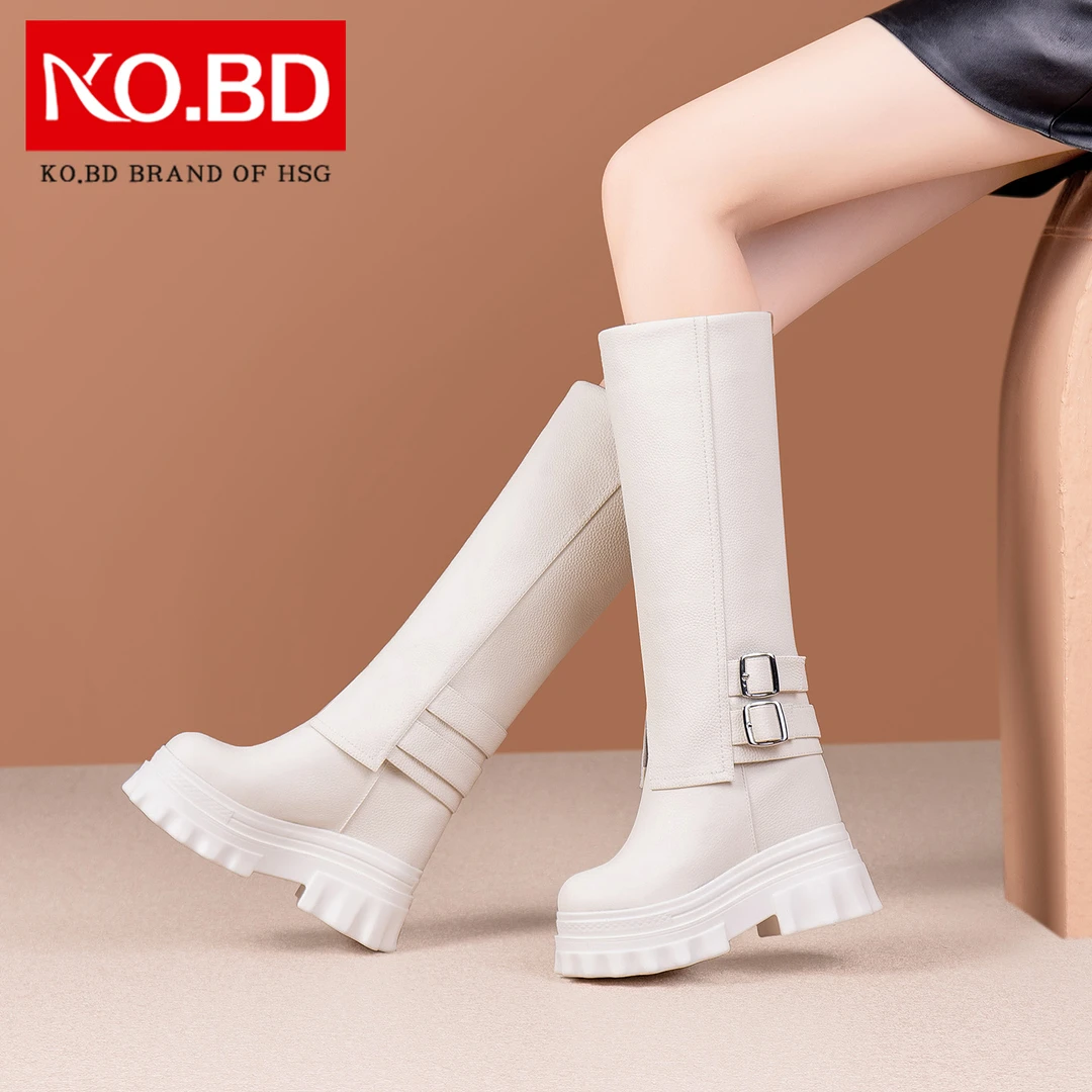 高筒全牛皮骑士靴厚底内增高裤管靴秋冬季真皮长靴高跟女靴子M832