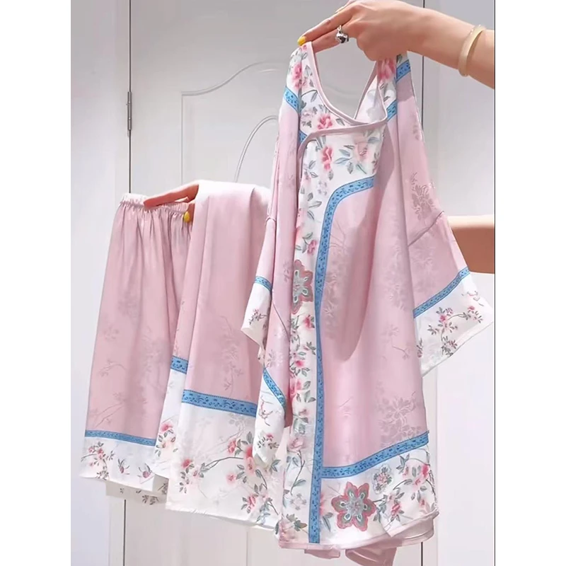 【宫廷国风】新中式冰丝睡衣女春秋季七分短袖短裤长裤家居服三件套