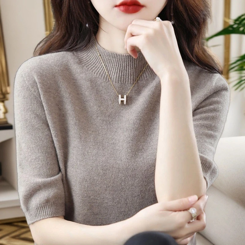 洋气半高领休闲针织衫女2025年秋季新款纯色内搭半袖打底毛衣恤