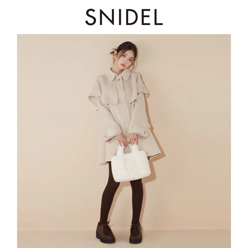 SNIDEL秋冬气质翻领斗篷式系带羊毛呢大衣外套SWFC245045