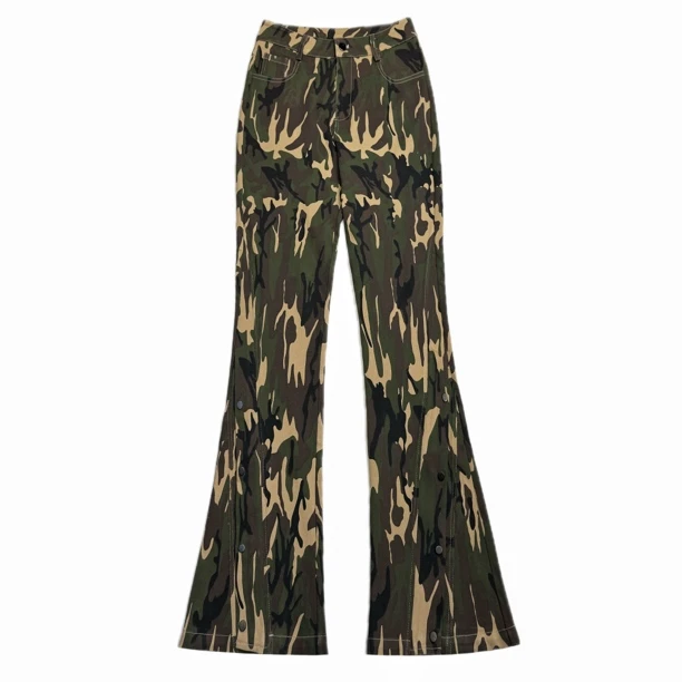 Blackgirl新款【美式高街】迷彩工装微喇叭牛仔裤女高腰显瘦拖地裤