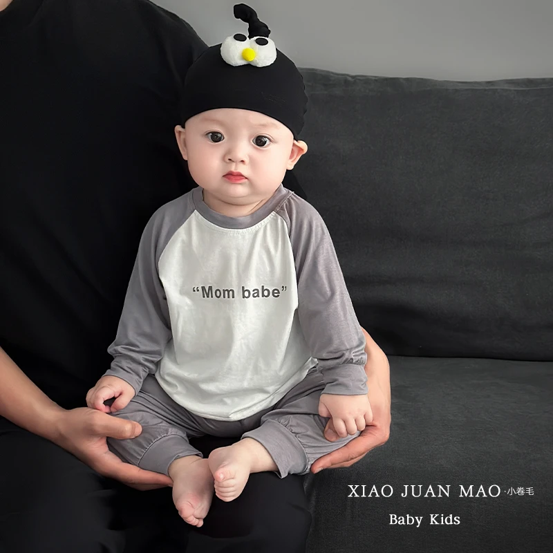 T25Q08春秋儿童拼色字母套装男女宝丝滑套装家居服儿童秋衣秋裤外