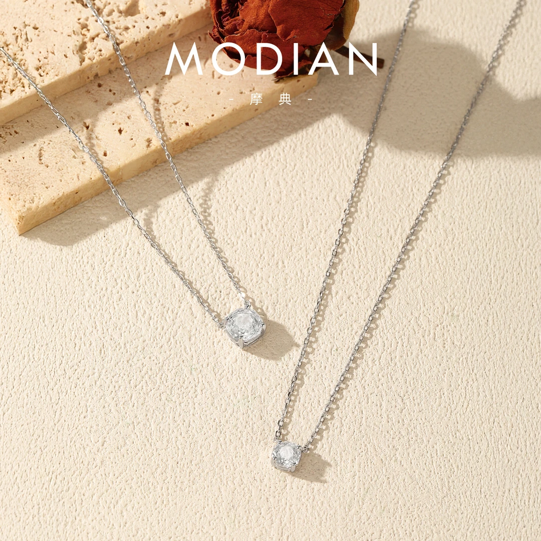 MODIAN/摩典 坠链均925银 八边形玫瑰切钻吊坠女简约通勤百搭项链