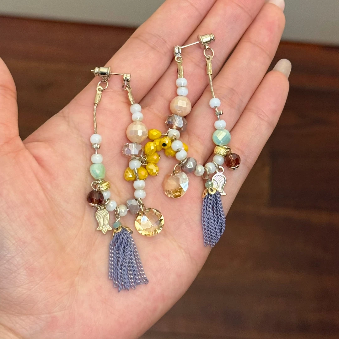 铜合金合成锆石耳饰 E0607 东大门定制多巴胺度假风彩色流苏