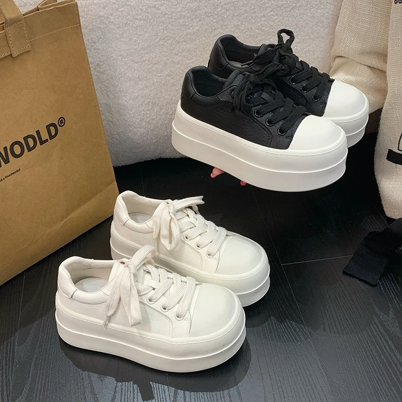 时尚厚底增高小个子板鞋女2025年春季新款轻便圆头系带运动小白鞋