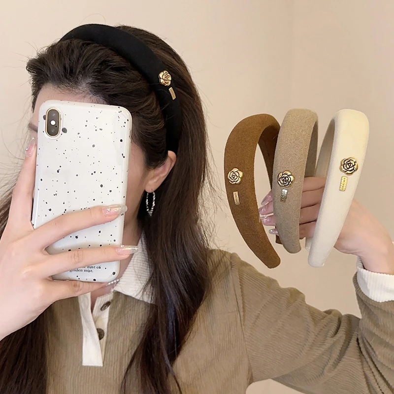 美拉德复古山茶花发箍女法式海绵高颅顶头箍百搭外出洗脸压发秋冬