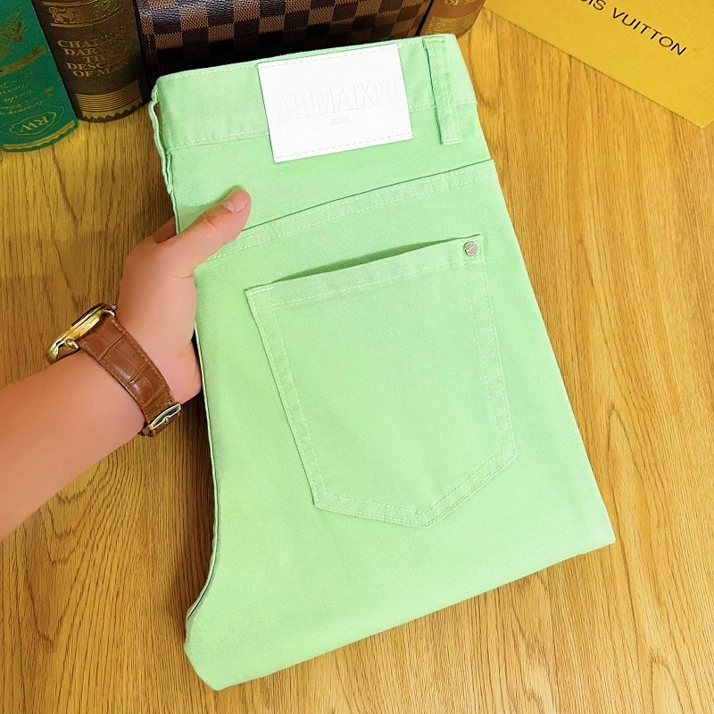 新款碧苍绿牛仔裤男款夏季薄款高端潮牌休闲百搭修身小脚男款裤子