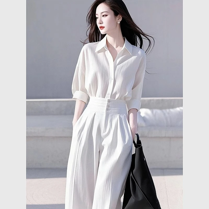 2025早春穿搭一整套女装大方得体上班通勤风白色衬衫阔腿裤子套装