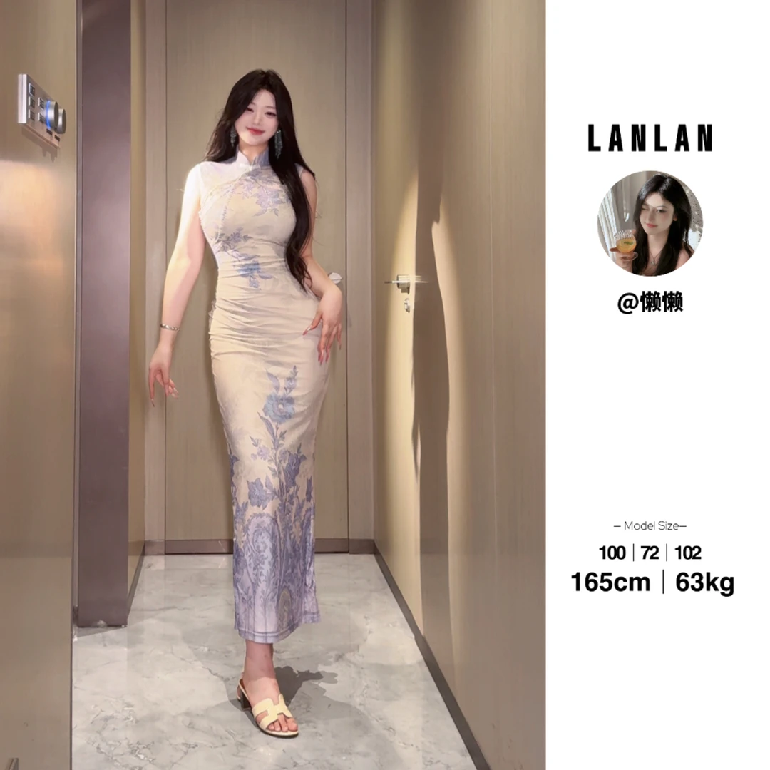 Lanlan-【山茶物语】新中式印花显瘦遮肉连衣裙修身包臀长裙夏季