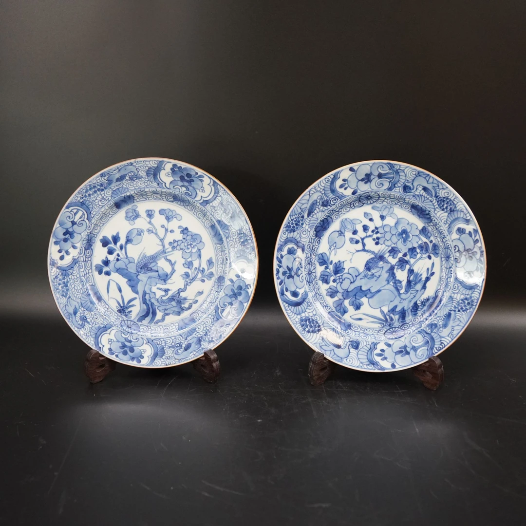 Lot.25080643清康熙青花花鸟纹盘（2个） 直径：约22.3cm