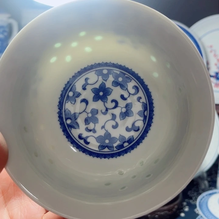 青花玲珑5寸饭碗紫荆花无花