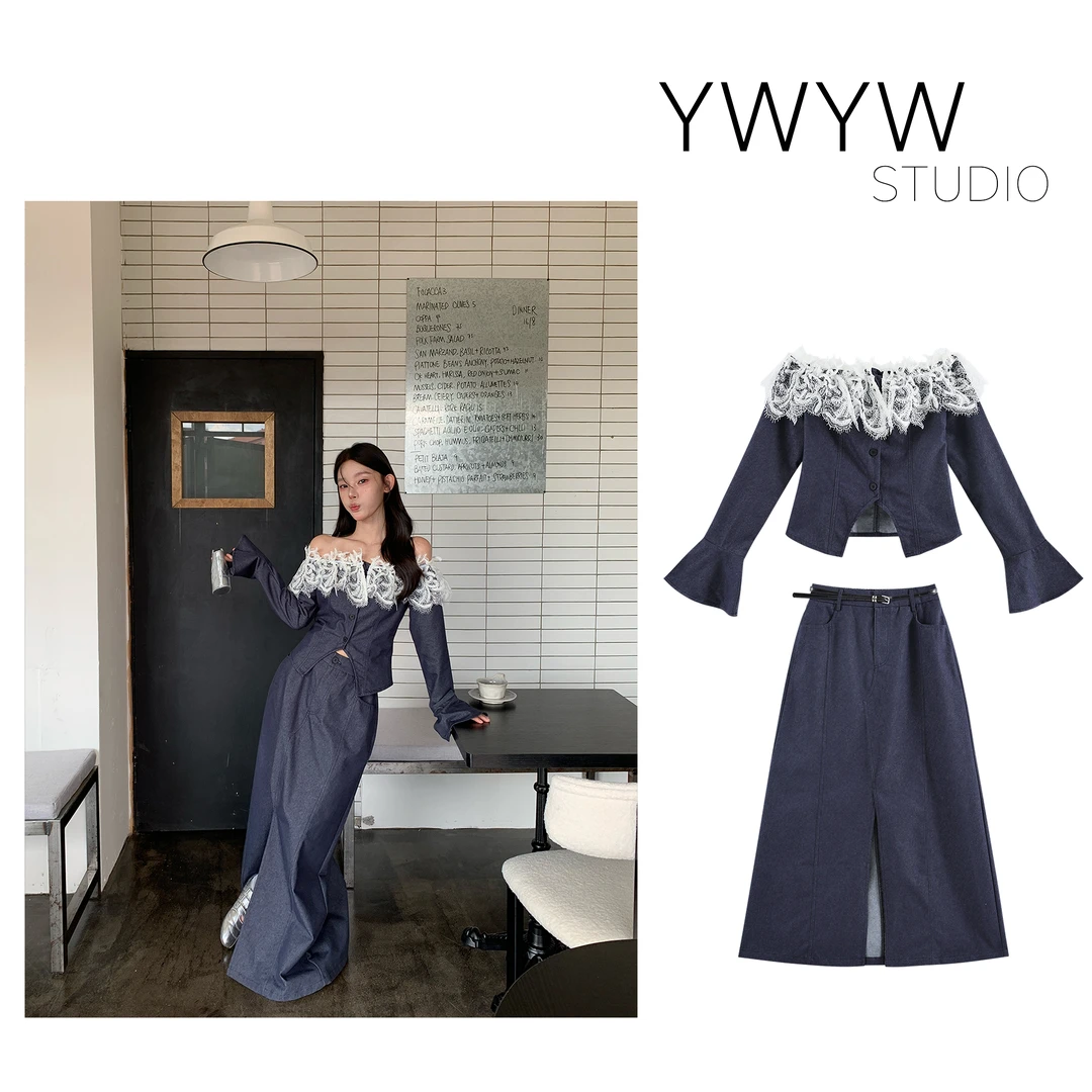 【YWYW25F/W】蕾丝拼接一字肩喇叭袖上衣+开衩A字长半裙套装5660