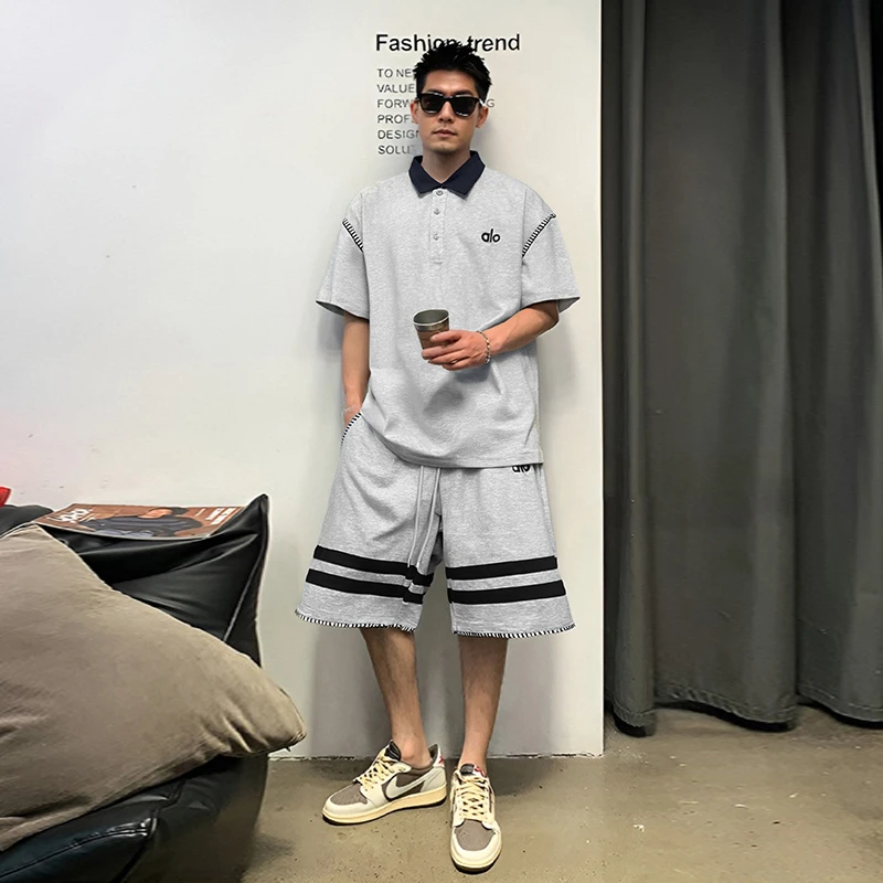 潮牌轻奢大码男装夏季新品字母刺绣拼接简约百搭Polo衫套装BA2103