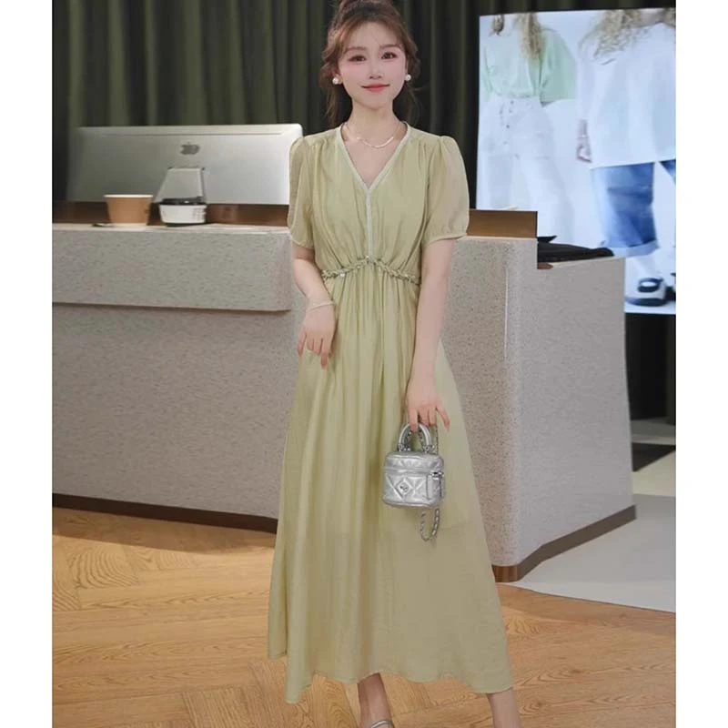 【有里布】时尚休闲风V领连衣裙女2025夏季新款收腰气质长裙D2131