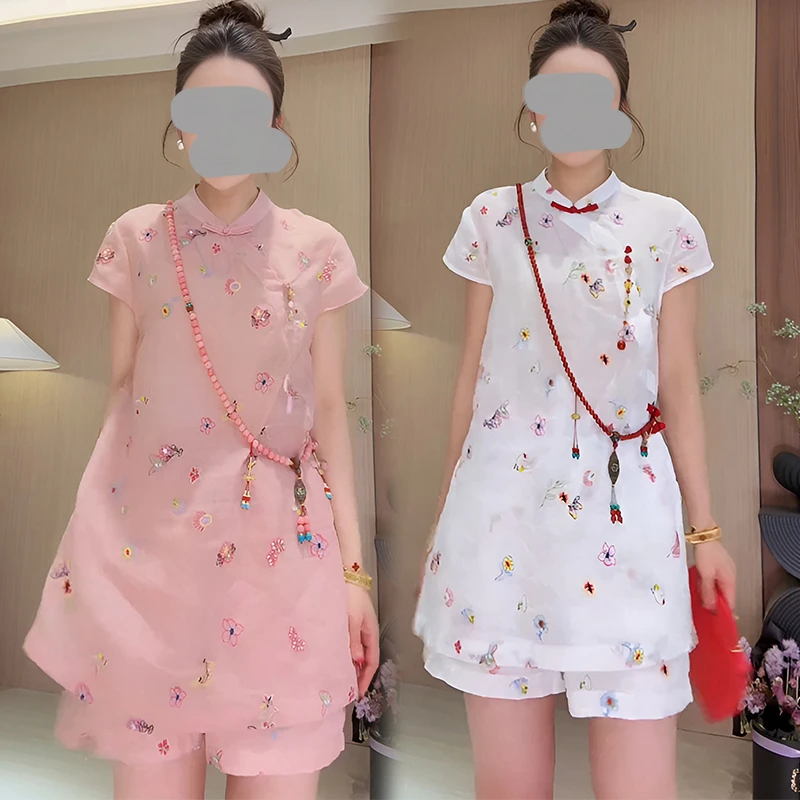 新中式气质国风立领盘扣印花上衣女装2025夏季新款时尚短裤两件套