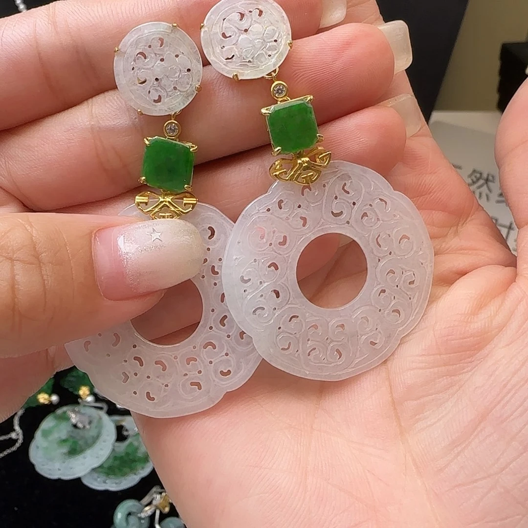 倾***儿翡翠银S925镶嵌耳饰