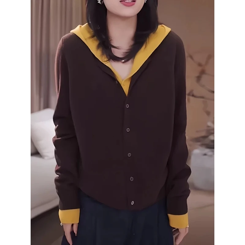 大码胖MM假两件撞色毛衣女士秋季慵懒风显瘦连帽针织开衫宽松上衣