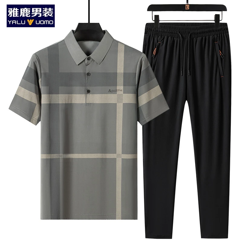 雅鹿男装夏季套装男两件套2025新款爸爸夏装短袖休闲中老年人衣服