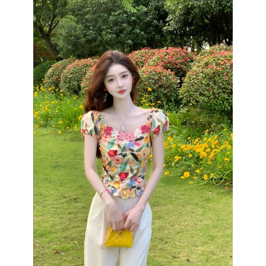 夏季洋气油画重工钉钻花朵上衣吊带X5DD2011