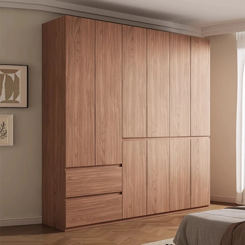 胡桃色衣柜免拉手一门到顶柜子家用卧室小户型房间定制分段式衣橱