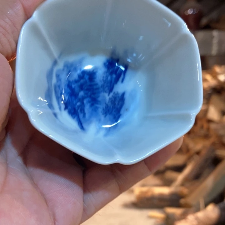 三哥柴窑青花六方杯