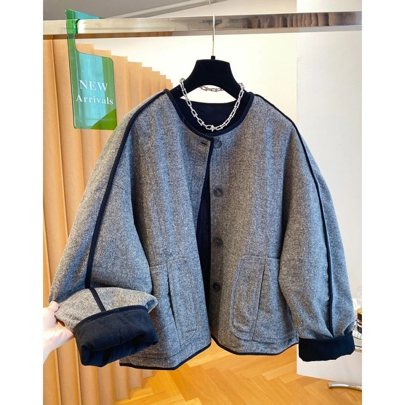 03316高级感圆领棉服女冬季款韩系宽松洋气超好看粗花呢夹棉外套