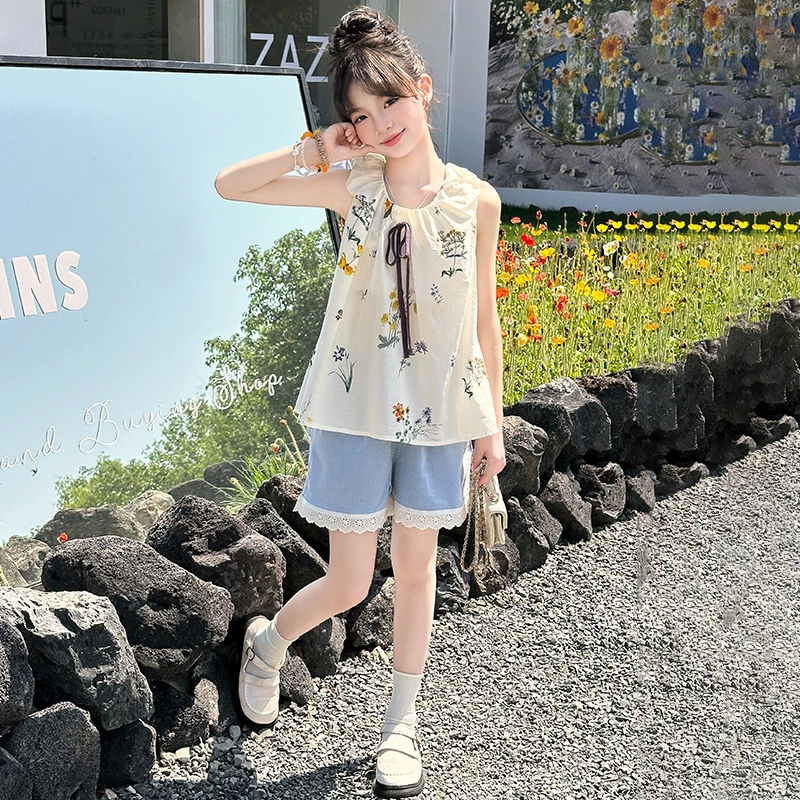 女童夏套装2025新款高级感女孩薄款无袖两件套女大童夏装洋气衣服