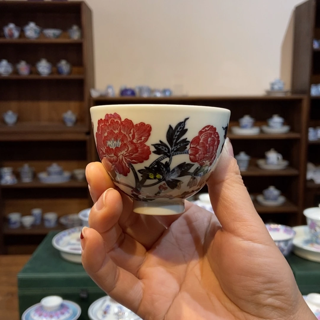 杯w正绎堂青红牡丹鸡心杯