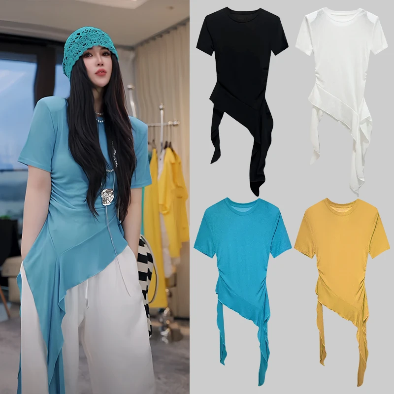 【听风写意】韩版时尚设计感小众飘带打底衫高级感不规则T恤W2699